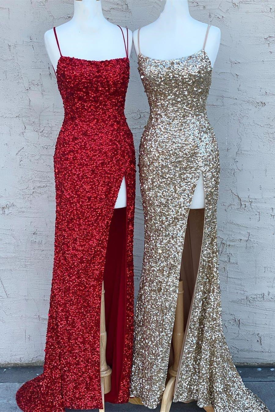 Stunning Sparkle Sequins Mermaid Evening Dress Split With Spaghetti-Straps-BallBride