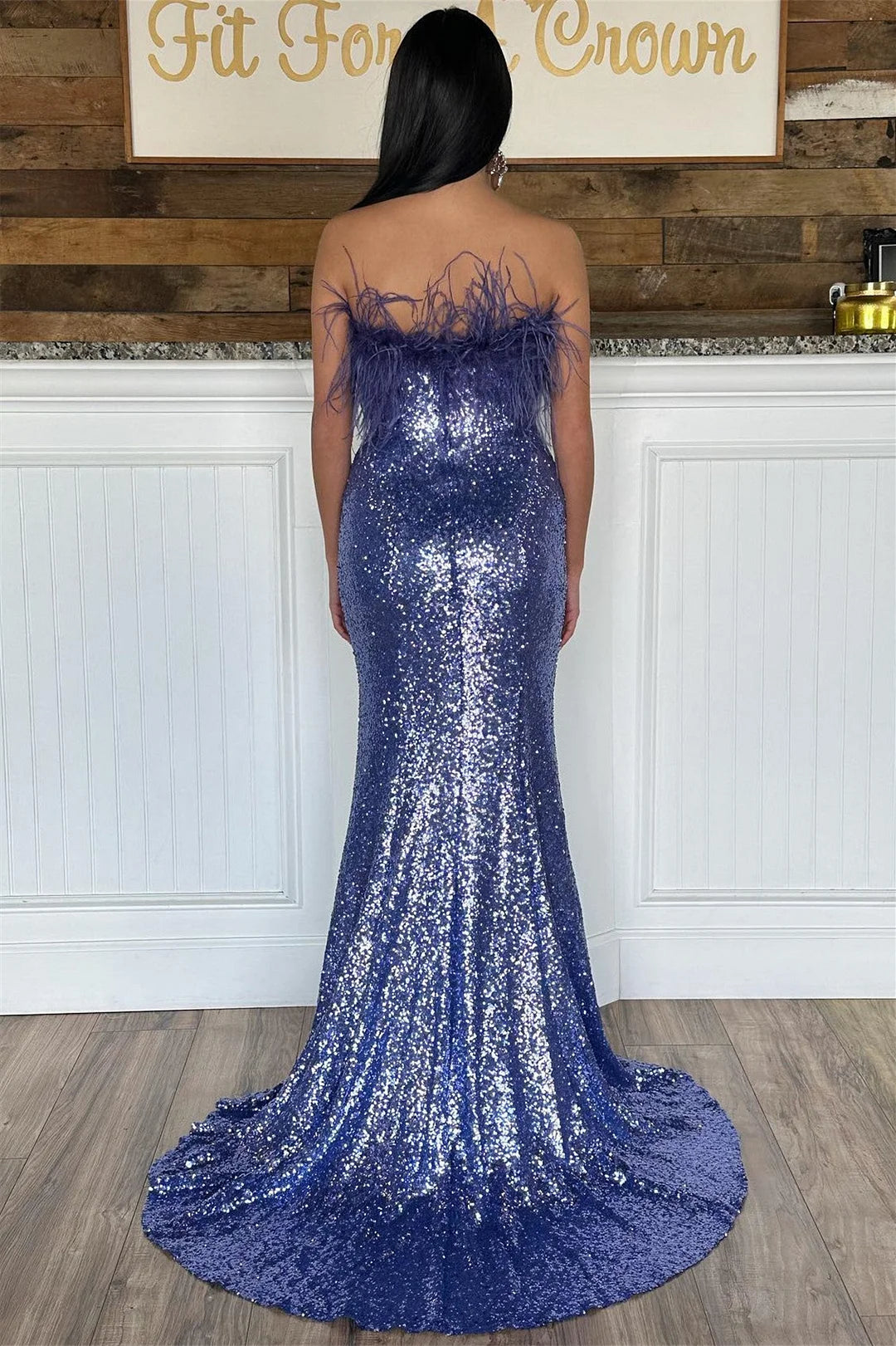 Stunning Strapless Sequins Evening Dress Mermaid Long Split With Feather-BallBride