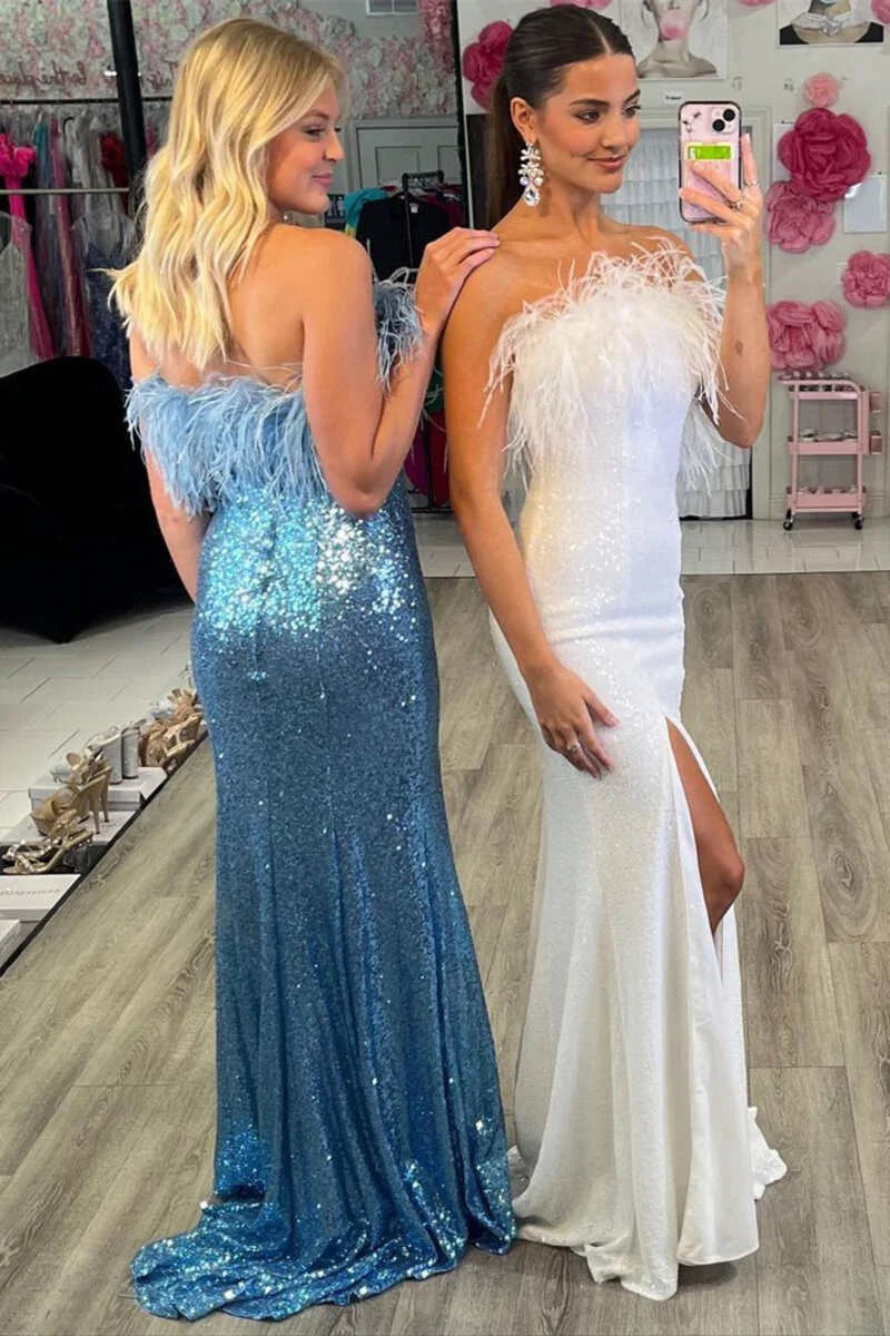 Stunning Strapless Sequins Evening Dress Mermaid Long Split With Feather-BallBride