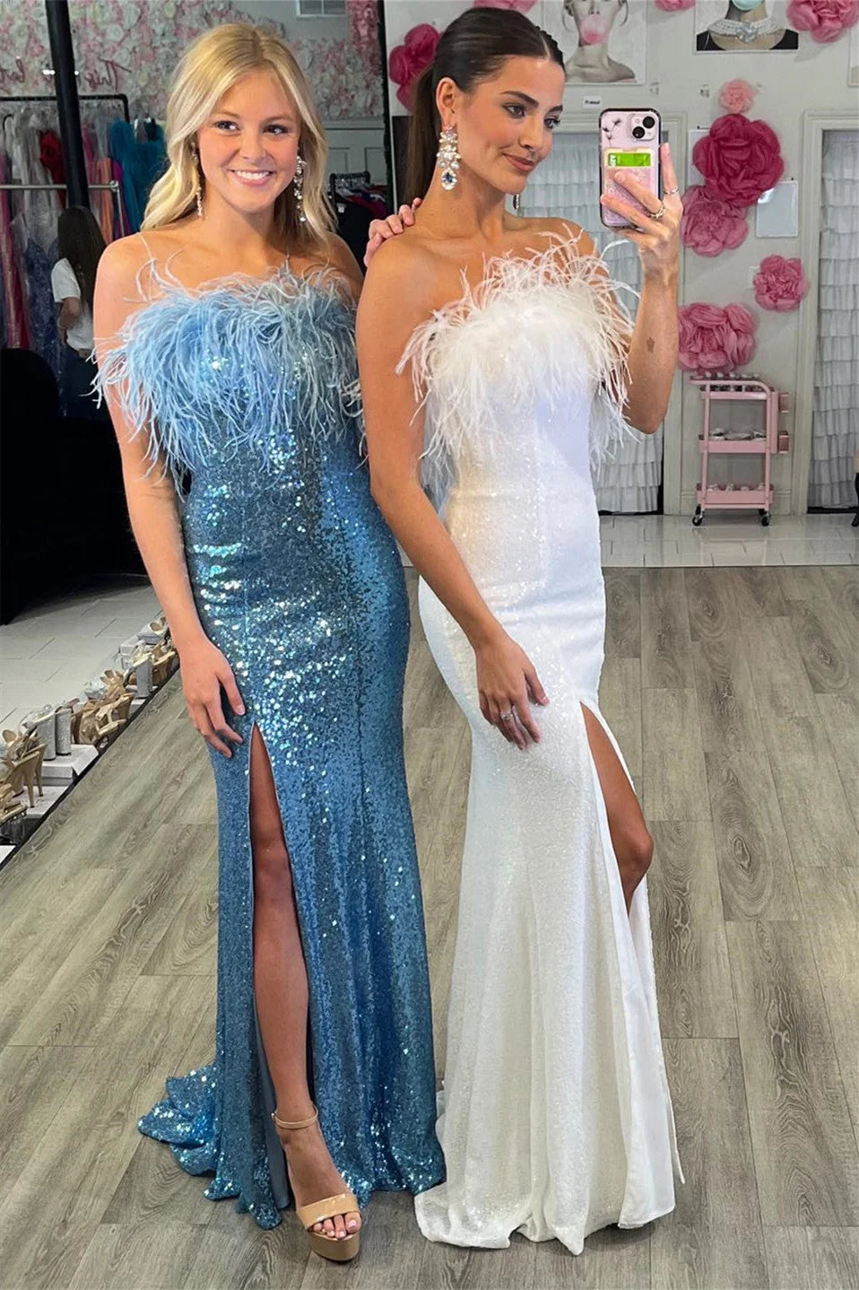 Stunning Strapless Sequins Evening Dress Mermaid Long Split With Feather-BallBride