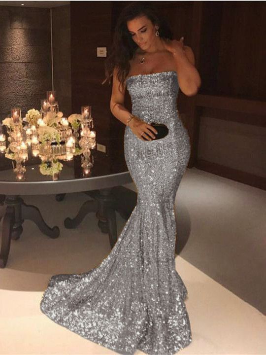 Stunning Strapless Sequins Mermaid Evening Dress-BallBride