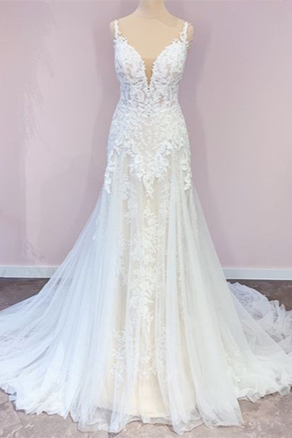 Stunning Sweetheart A-Line Wedding Dress with Spaghetti-Straps and Appliques Lace-BallBride