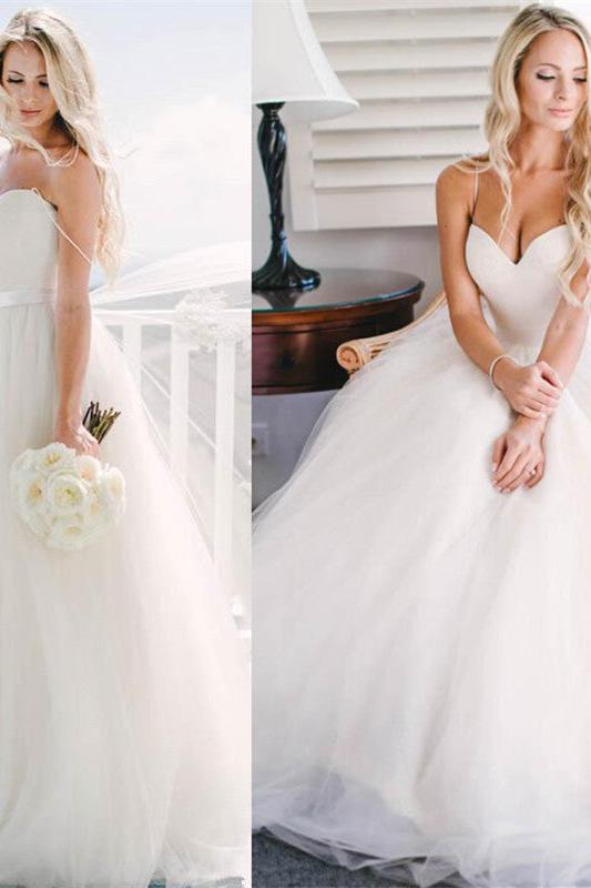 Stunning Tulle Long Spaghetti-Straps Wedding Dress-BallBride