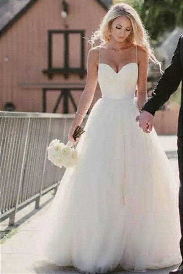 Stunning Tulle Long Spaghetti-Straps Wedding Dress-BallBride