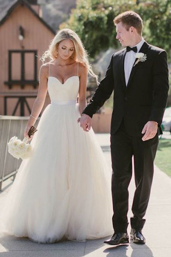 Stunning Tulle Long Spaghetti-Straps Wedding Dress-BallBride