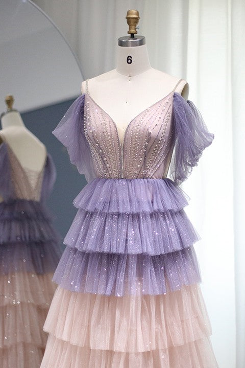 Stunning V Neck Evening Dress with Layered Hem & Sequins Beaded-BallBride