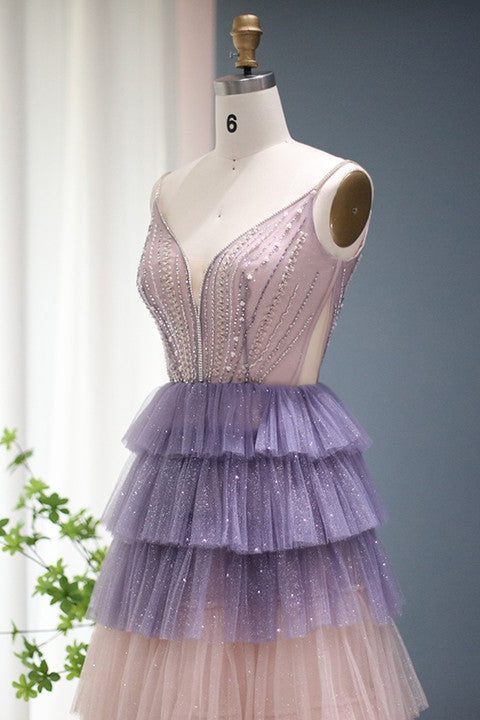 Stunning V Neck Evening Dress with Layered Hem & Sequins Beaded-BallBride
