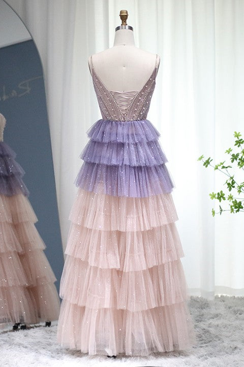 Stunning V Neck Evening Dress with Layered Hem & Sequins Beaded-BallBride