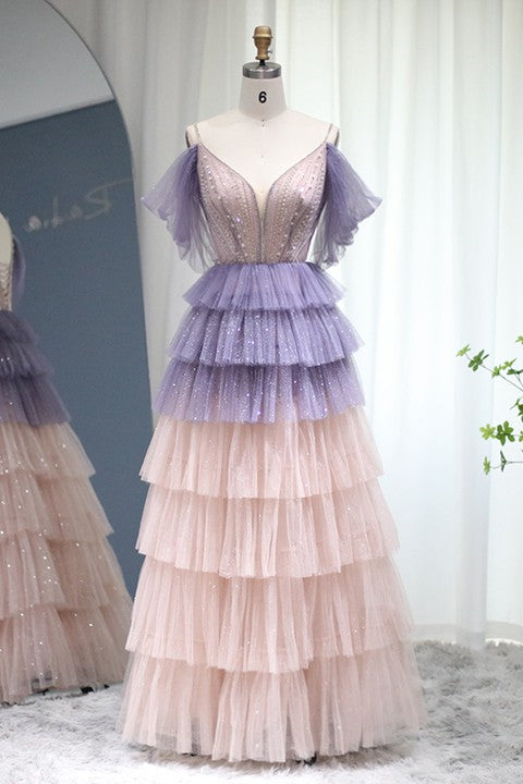 Stunning V Neck Evening Dress with Layered Hem & Sequins Beaded-BallBride