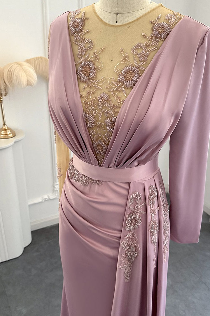 Stunning V Neck Mermaid Evening Dress with Long Sleeves and Appliques-BallBride