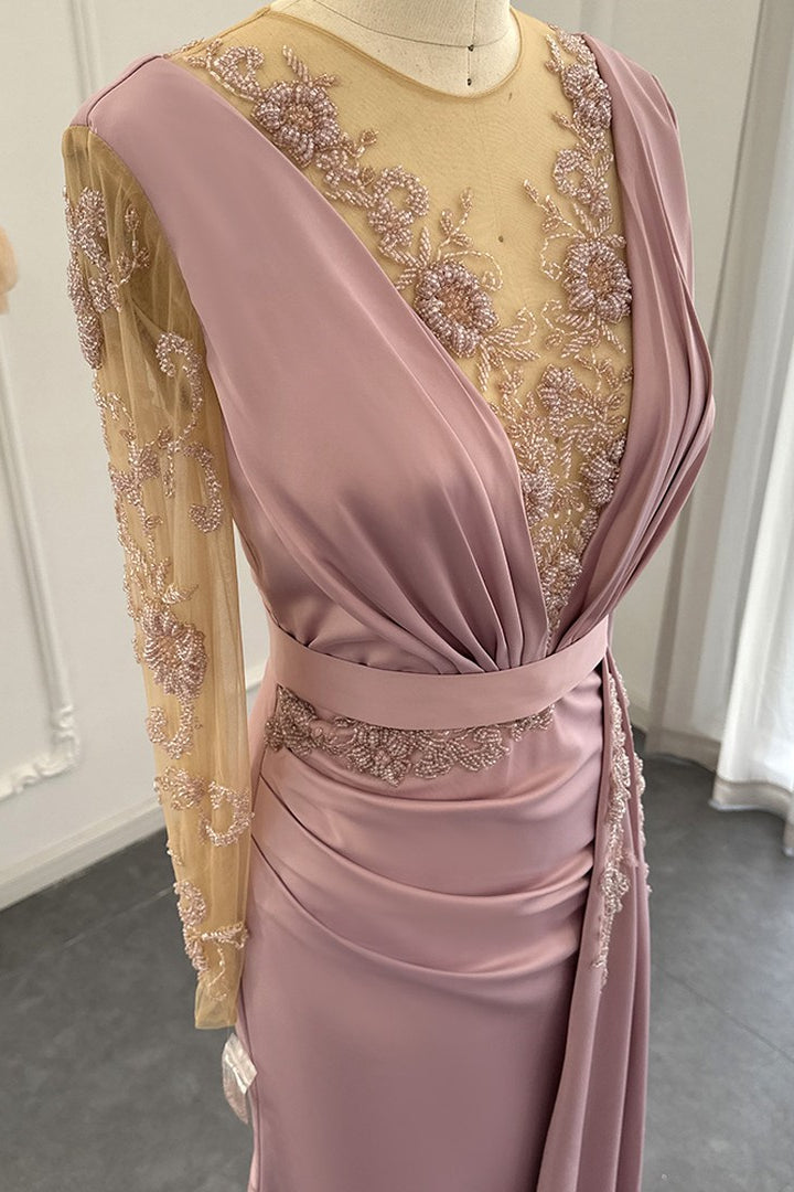 Stunning V Neck Mermaid Evening Dress with Long Sleeves and Appliques-BallBride