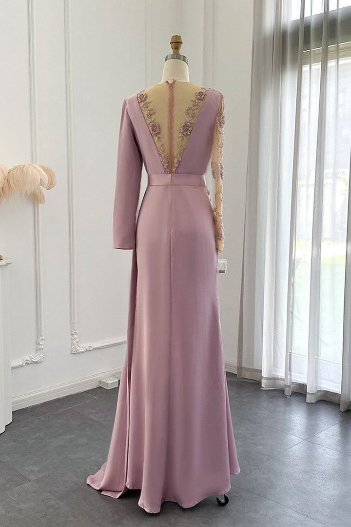 Stunning V Neck Mermaid Evening Dress with Long Sleeves and Appliques-BallBride