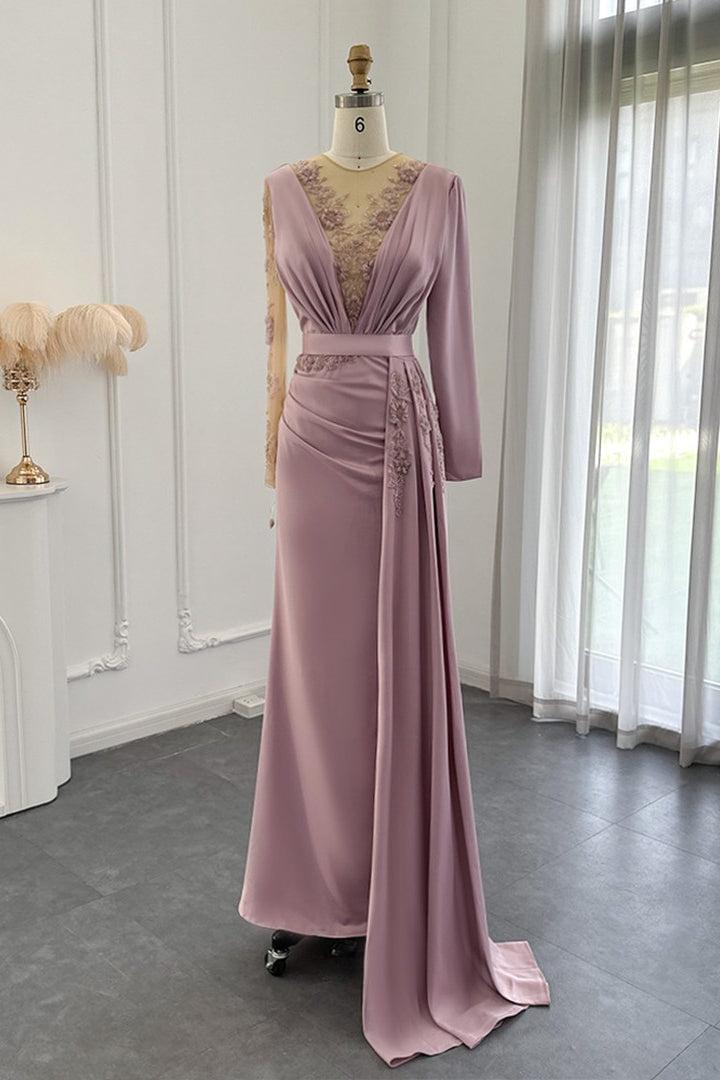 Stunning V Neck Mermaid Evening Dress with Long Sleeves and Appliques-BallBride