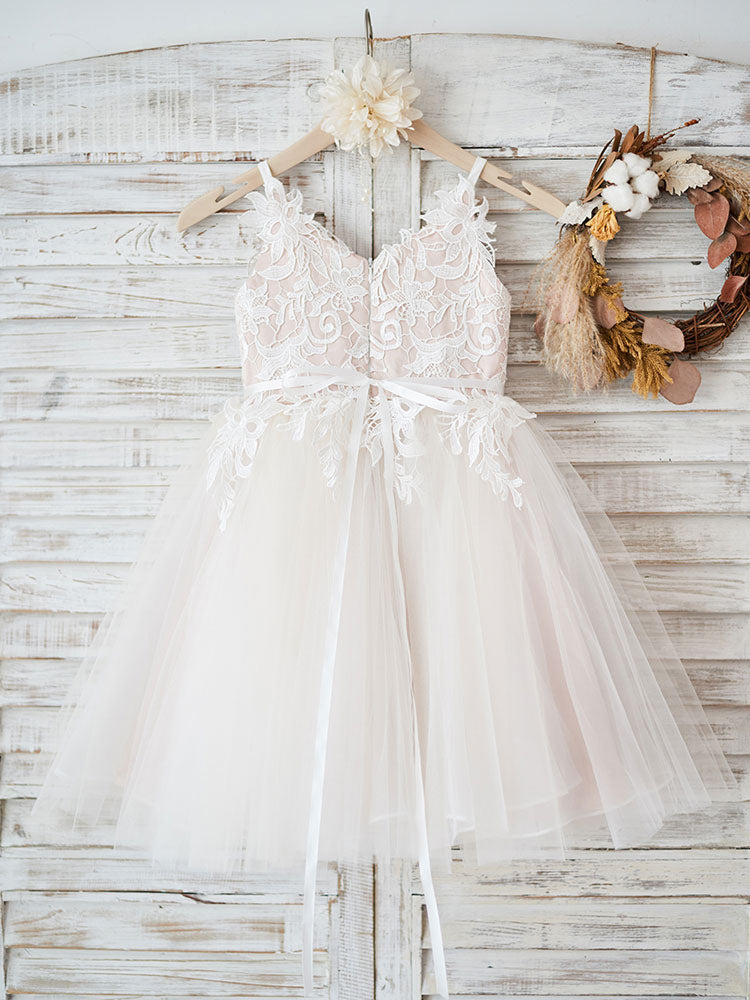 Stunning V-Neck Tulle Flower Girl Dress with Appliques-BallBride