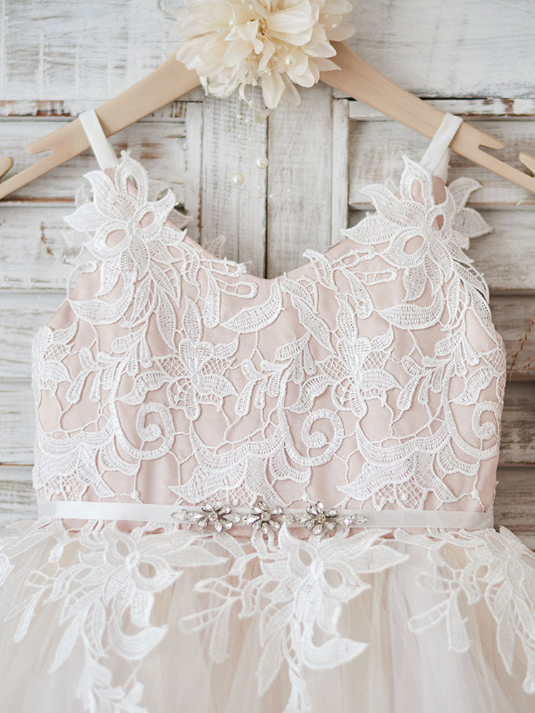 Stunning V-Neck Tulle Flower Girl Dress with Appliques-BallBride