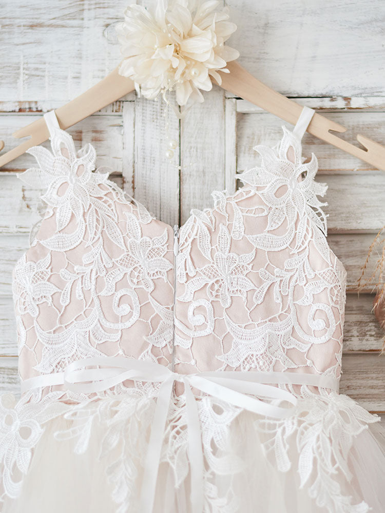 Stunning V-Neck Tulle Flower Girl Dress with Appliques-BallBride