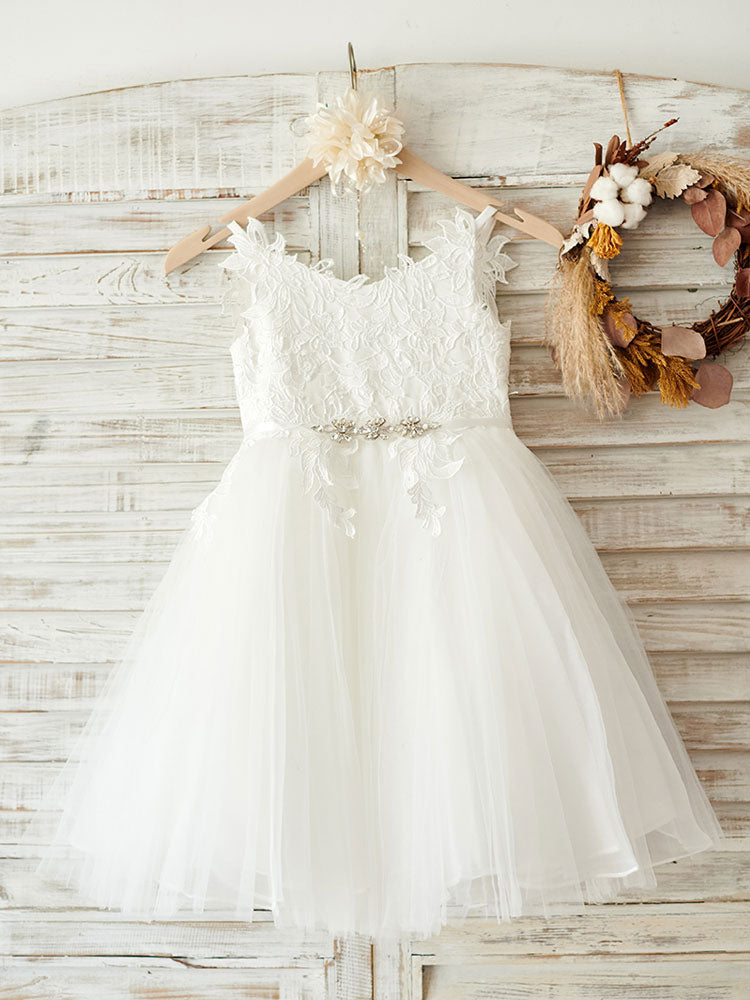 Stunning V-Neck Tulle Flower Girl Dress with Appliques-BallBride