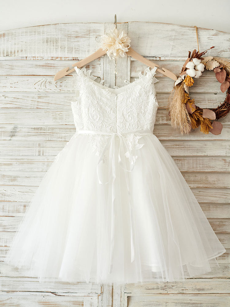 Stunning V-Neck Tulle Flower Girl Dress with Appliques-BallBride