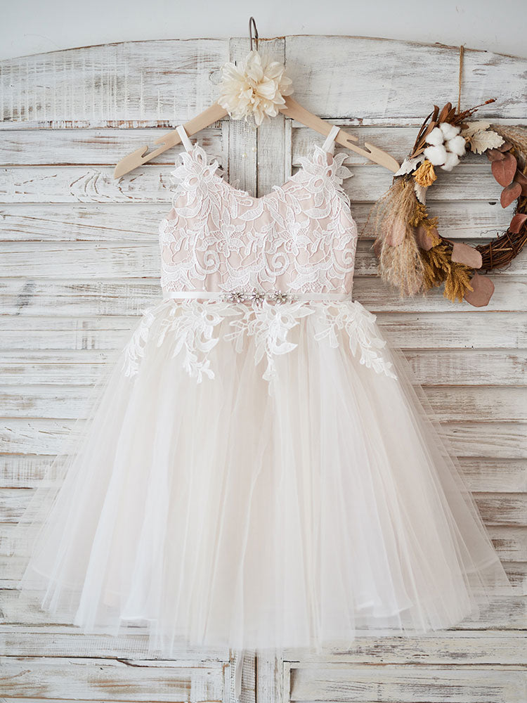 Stunning V-Neck Tulle Flower Girl Dress with Appliques-BallBride