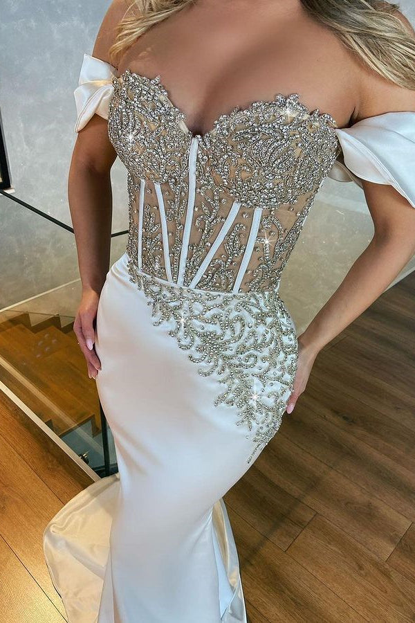 Stunning White Off-the-Shoulder Mermaid Prom Dress with Beads-BallBride