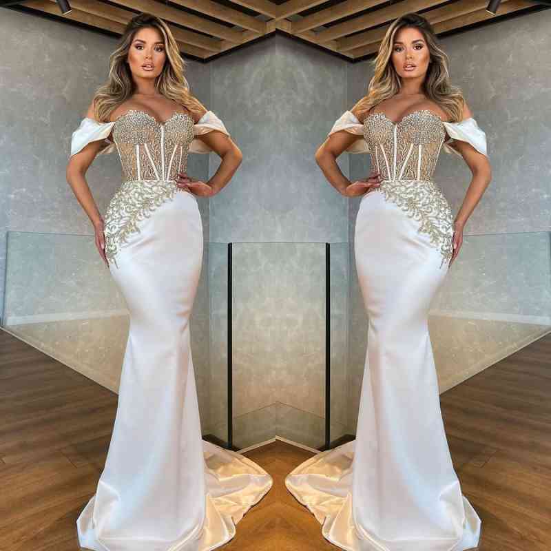 Stunning White Off-the-Shoulder Mermaid Prom Dress with Beads-BallBride