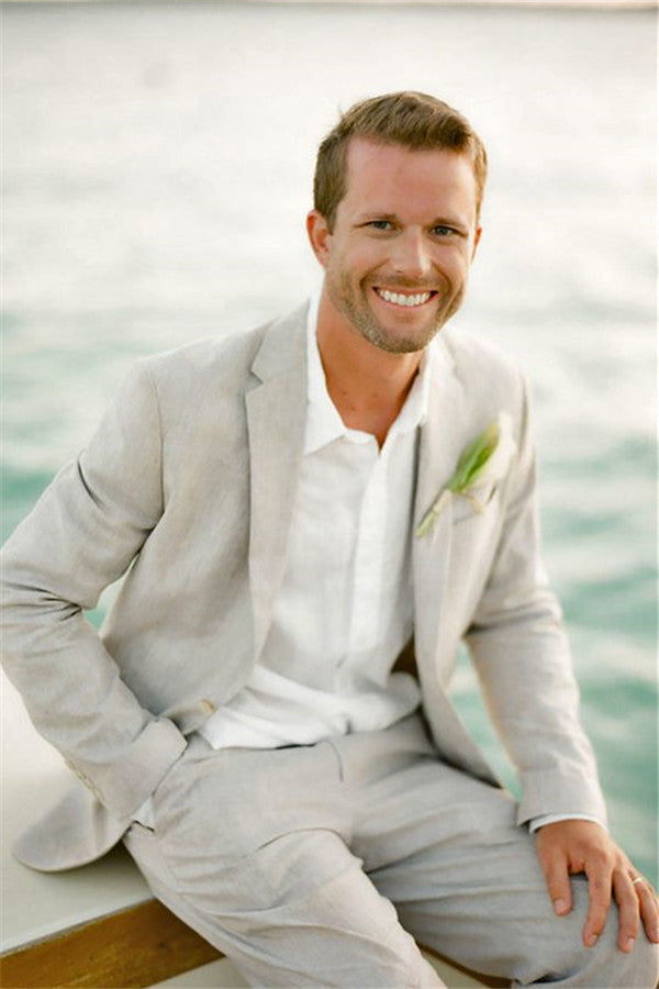 Stylish Notched Lapel Linen Suit For Beach Men Wedding - 2 Piece-BallBride