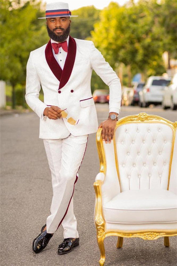 Stylish White Jacquard Double Breasted Wedding Suit for Men's Party with Burgundy Lapel-BallBride