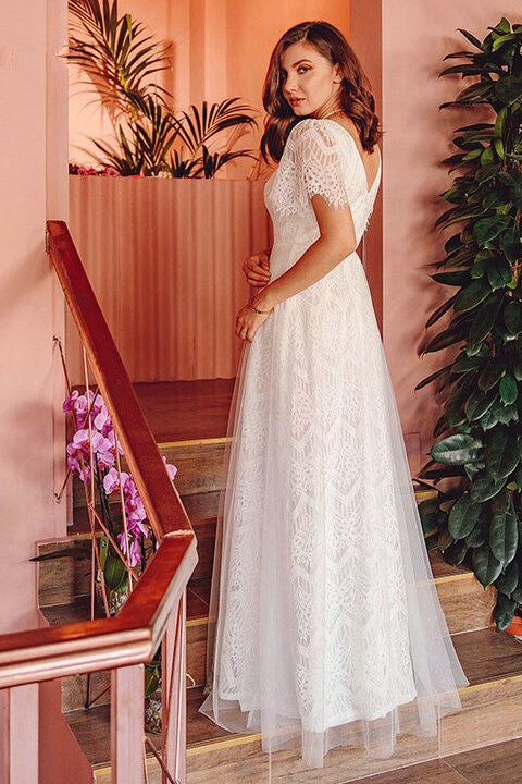 Summer Beach Lace Short Sleeve Long Wedding Dress-BallBride