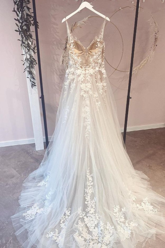 Sweetheart A-Line Tulle Wedding Dress with Spaghetti Straps and Appliques Lace-BallBride