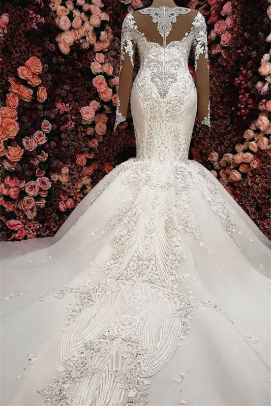 Sweetheart Long Sleeves Elegant Lace Appliques Mermaid Wedding Dress with Beadings-BallBride
