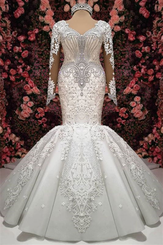 Sweetheart Long Sleeves Elegant Lace Appliques Mermaid Wedding Dress with Beadings-BallBride