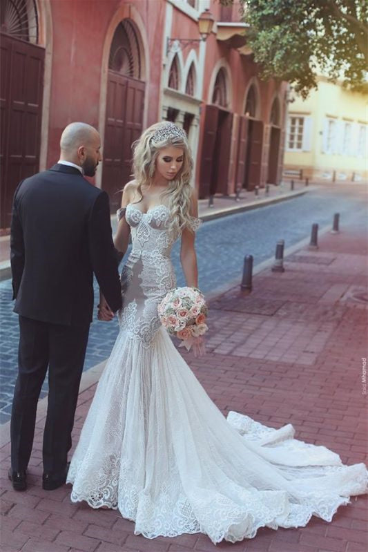 Sweetheart Mermaid Lace Wedding Dress With Lace-up Back-BallBride