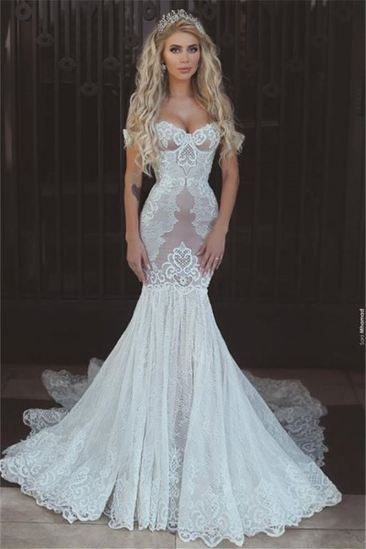 Sweetheart Mermaid Lace Wedding Dress With Lace-up Back-BallBride