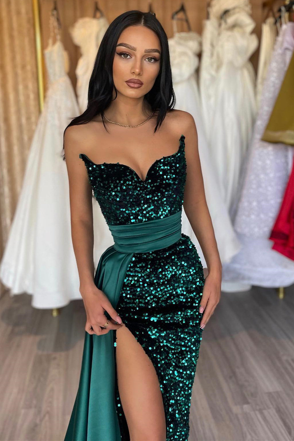 Sweetheart Strapless Mermaid Split Sequined Prom Dress with Panel Train-BallBride