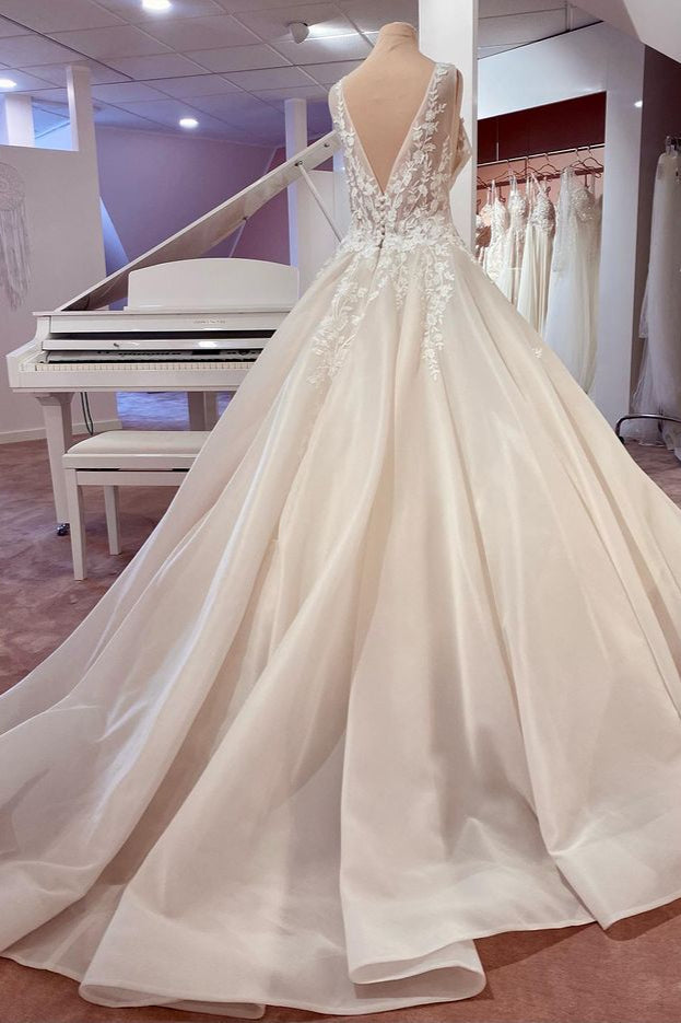 Sweetheart Wide Straps A-Line Lace Backless Wedding Dress with Ruffles Appliques-BallBride