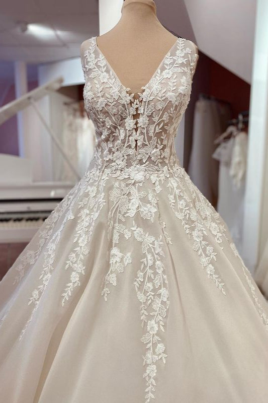 Sweetheart Wide Straps A-Line Lace Backless Wedding Dress with Ruffles Appliques-BallBride