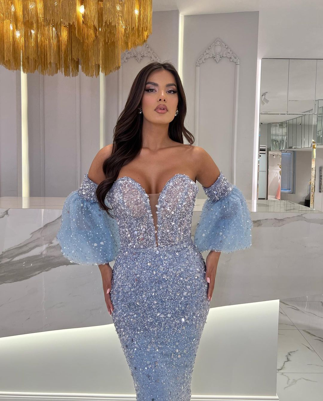 Tea Length Light Blue Prom Dress with Puffy Squins Sleeves-BallBride