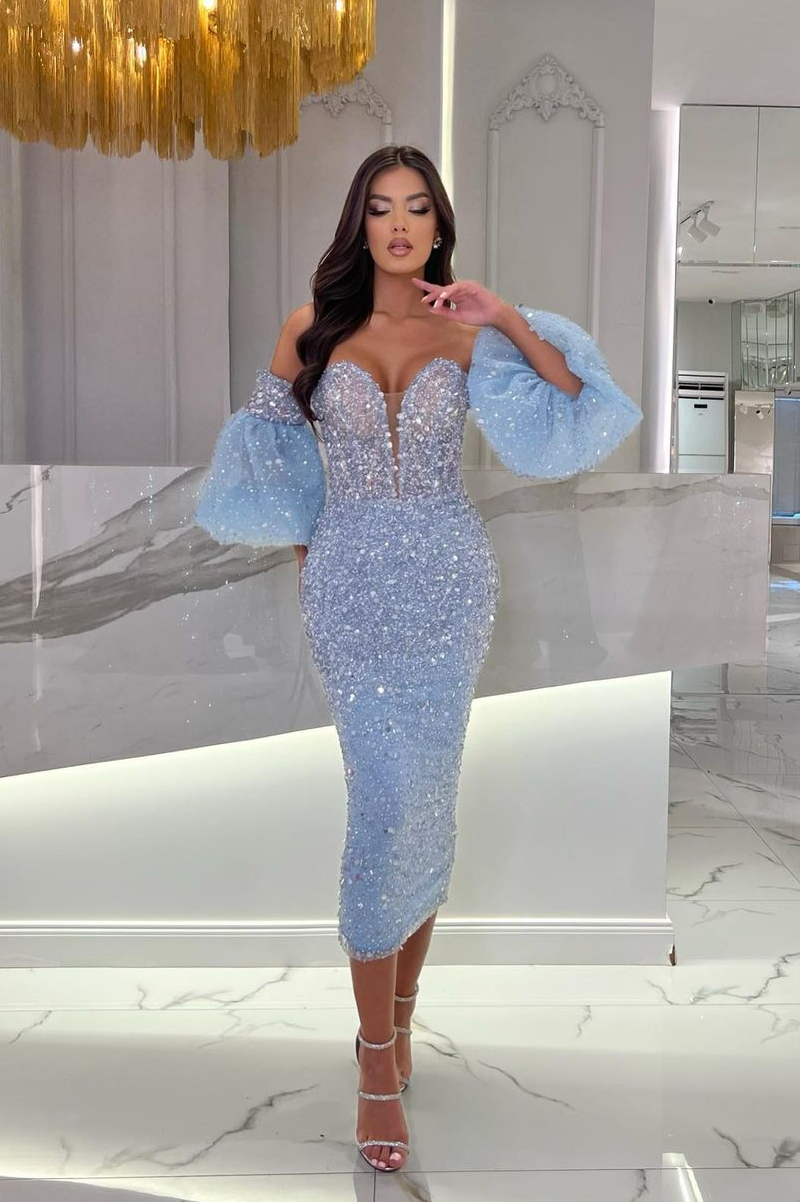 Tea Length Light Blue Prom Dress with Puffy Squins Sleeves-BallBride