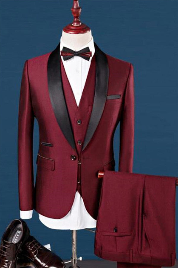 Three Pieces Wine Red Shawl Lapel Dinner Suit for Men's Prom-BallBride
