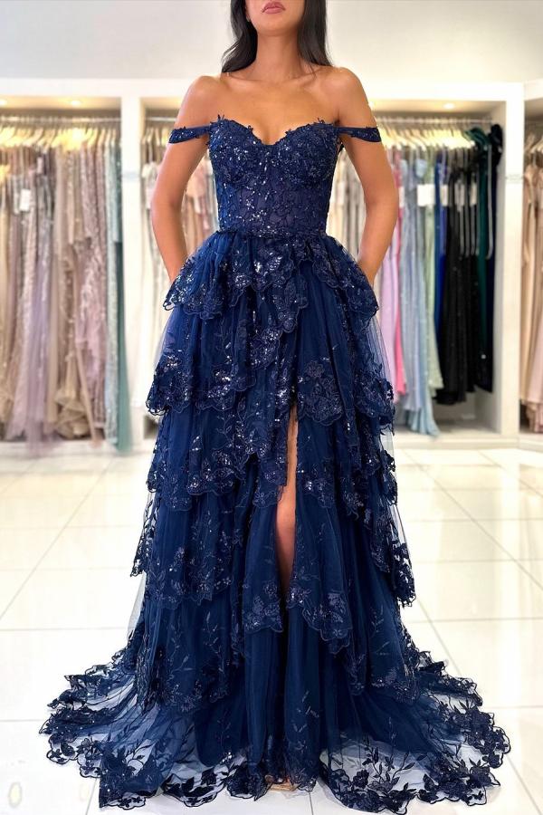 Tiered A Line Spaghetti Straps Split Front Tulle Appliques Lace Floor Length Prom Dress-BallBride