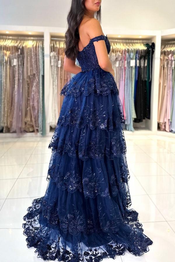 Tiered A Line Spaghetti Straps Split Front Tulle Appliques Lace Floor Length Prom Dress-BallBride