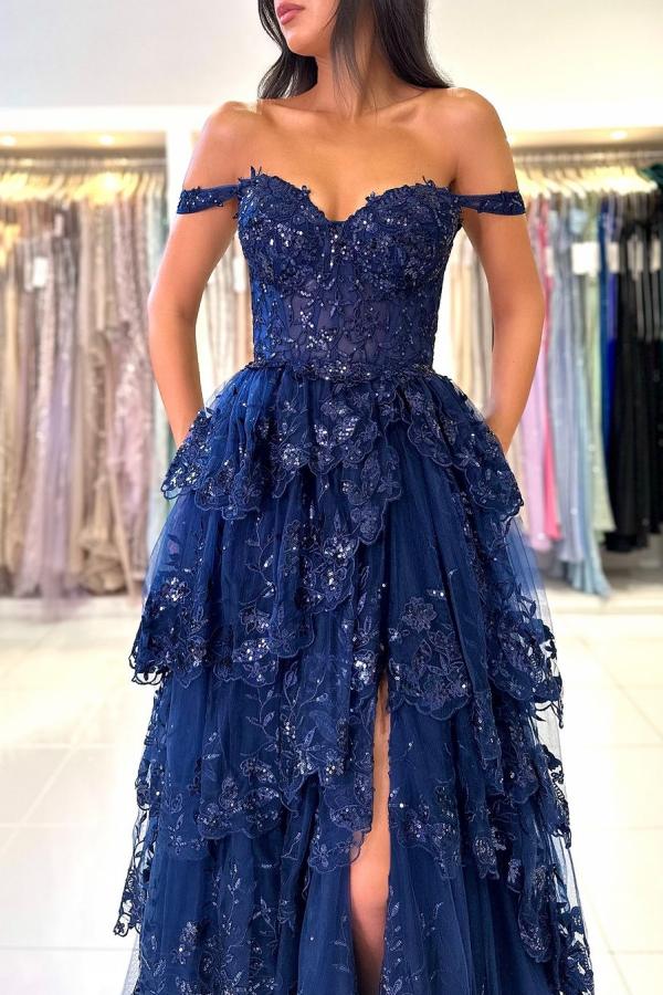 Tiered A Line Spaghetti Straps Split Front Tulle Appliques Lace Floor Length Prom Dress-BallBride