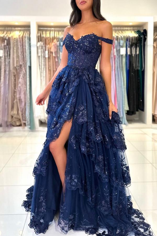 Tiered A Line Spaghetti Straps Split Front Tulle Appliques Lace Floor Length Prom Dress-BallBride