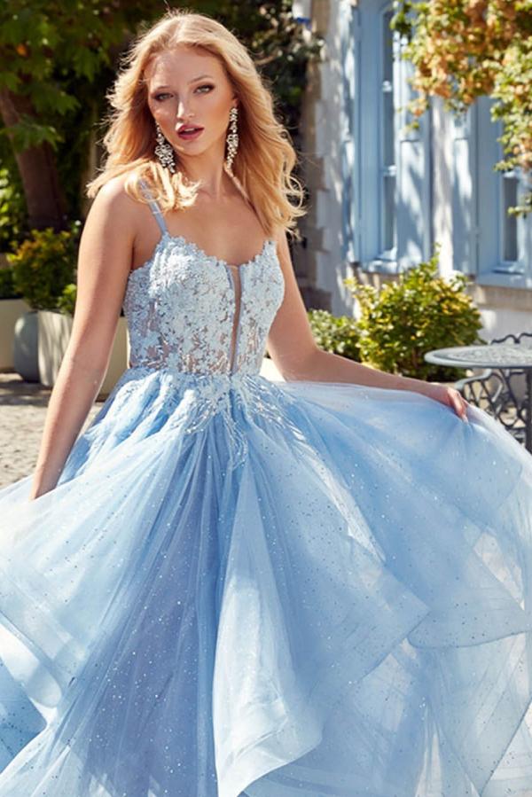 Tiered Open Back Spaghetti Straps Lace Up Tulle Long Prom Dress-BallBride