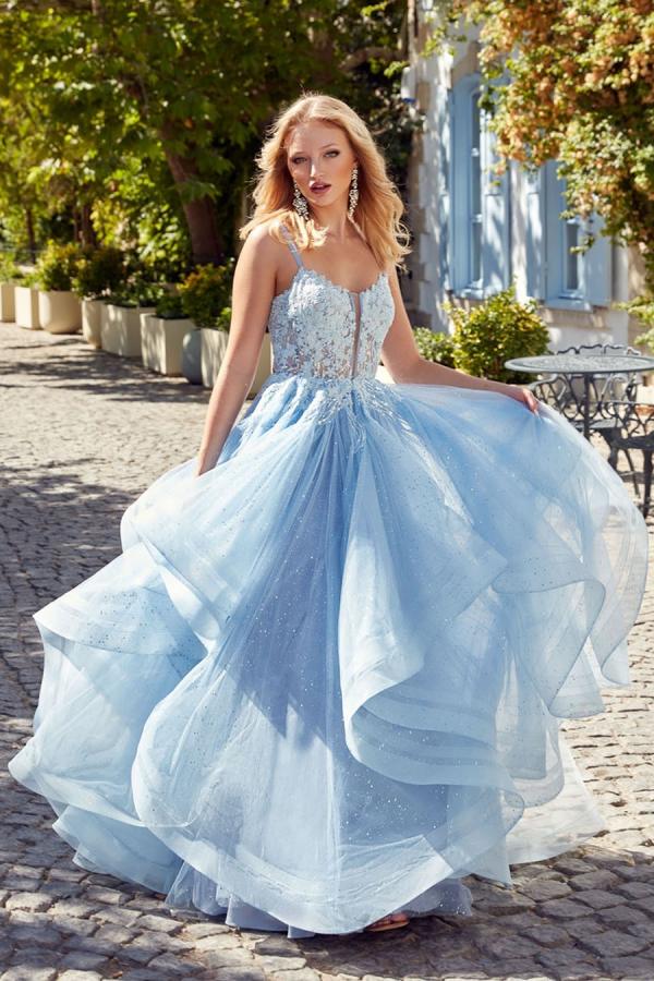 Tiered Open Back Spaghetti Straps Lace Up Tulle Long Prom Dress-BallBride
