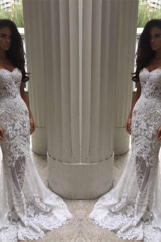 Timeless Long Mermaid Sweetheart Wedding Dresses With Lace Appliques-BallBride