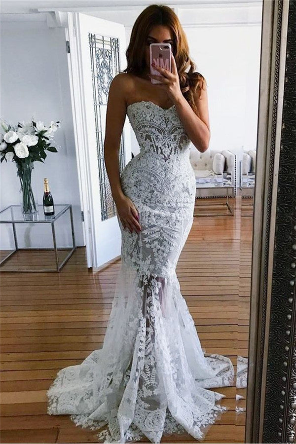 Timeless Long Mermaid Sweetheart Wedding Dresses With Lace Appliques-BallBride