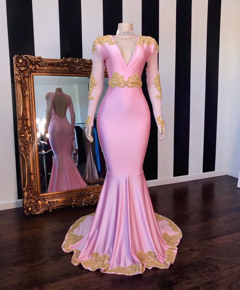 Trendy Pink V-Neck Long Sleeves Appliques Mermaid Prom Dress-BallBride