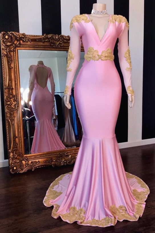 Trendy Pink V-Neck Long Sleeves Appliques Mermaid Prom Dress-BallBride