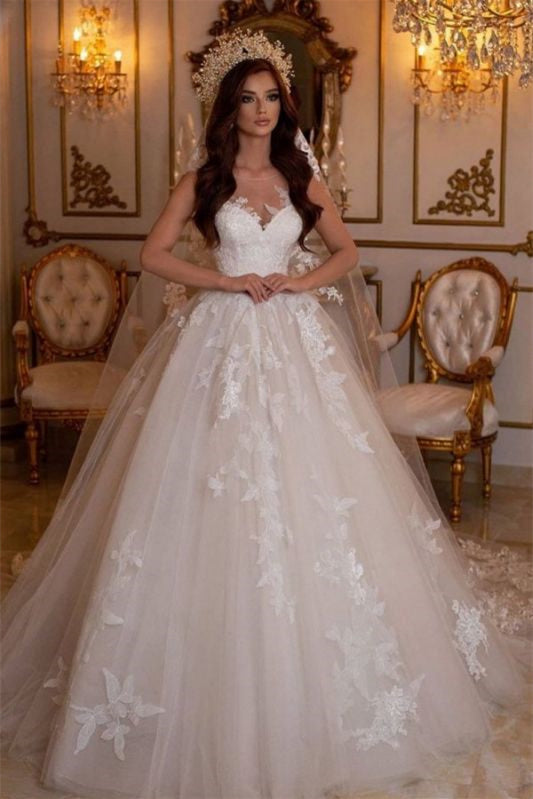 Tulle Ball Gown Sweetheart Wedding Dress with Flower Embroidery-BallBride